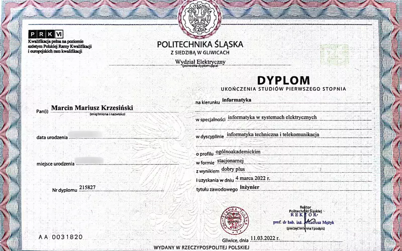 Certyfikaty, kompetencje referencje stronotworcy Marcin Krzesiński - dyplom