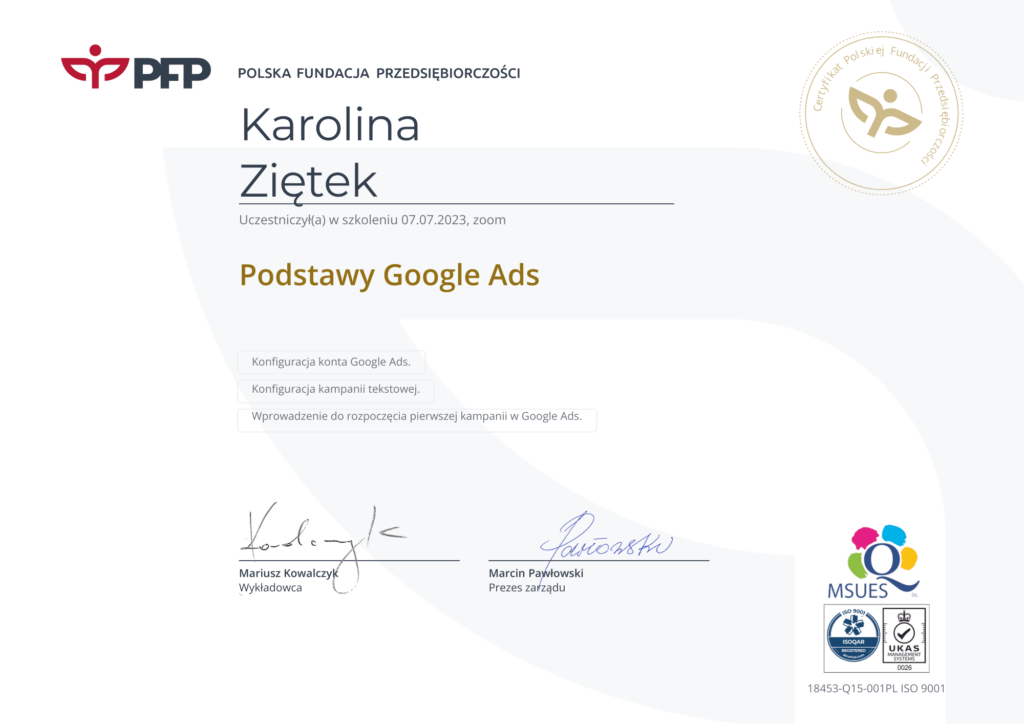 Karolina Ziętek certyfikat Google Ads reklama w internecie, dyplom z reklamy