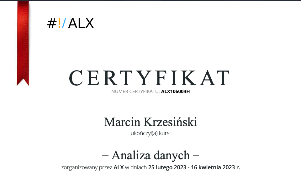 Certyfikat Marcin Krzesiński Analiza Danych